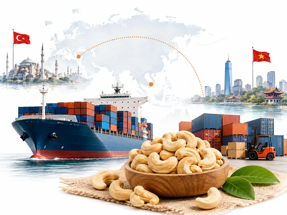 Tàu container rời cảng, bản đồ thế giới phía sau nối Istanbul với Việt Nam bằng tuyến chấm, cạnh bát nhân điều trắng nguyên hạt và bãi container